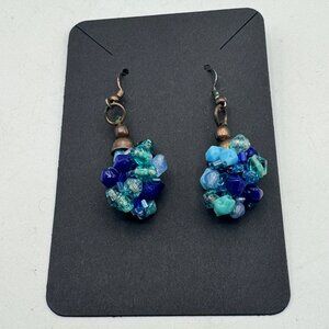 Cluster Beaded Dangle Earrings With Blue & Turquoise Tones On Antique Brass Hook